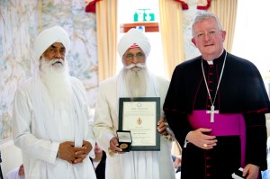 Sewa Singh Mandla with Bhai Sahib Dr Mohinder Singh and Most Reverend Bernard Longley, Archbishop of Birmingham