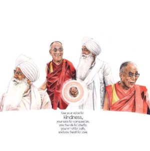Bhai Sahib Bhai Mohinder Singh Ji & Dali Lama, “ Being happy is not a matter of destiny. It is a matter of options. "Take care of your thoughts because they become words, Take care of your words because they will become actions, Take care of your actions. Painting by GNNSJ volunteer, Charan Singh.